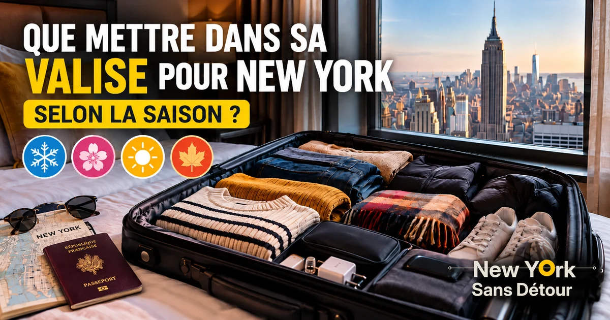 Valise ouverte contenant des vêtements adaptés aux quatre saisons, avec un passeport français et une vue sur Manhattan en arrière-plan.