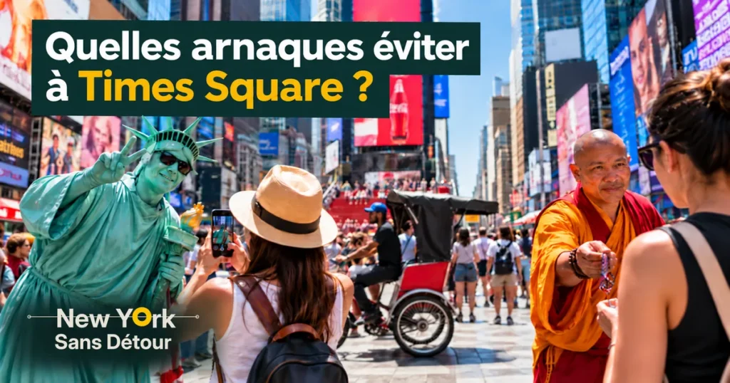À Times Square, un personnage déguisé en Statue de la Liberté pose pour une photo tandis qu'un homme en robe orange propose un bracelet à une touriste.
