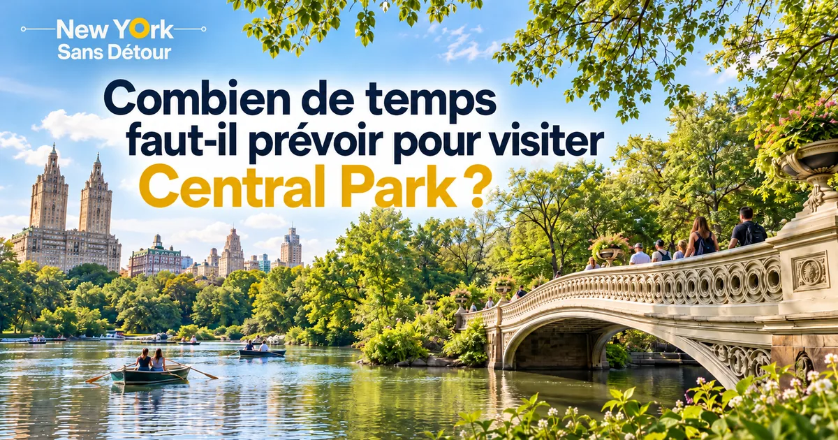 Vue du Bow Bridge à Central Park, sur le lac, avec des barques et les immeubles de Manhattan en arrière-plan.
