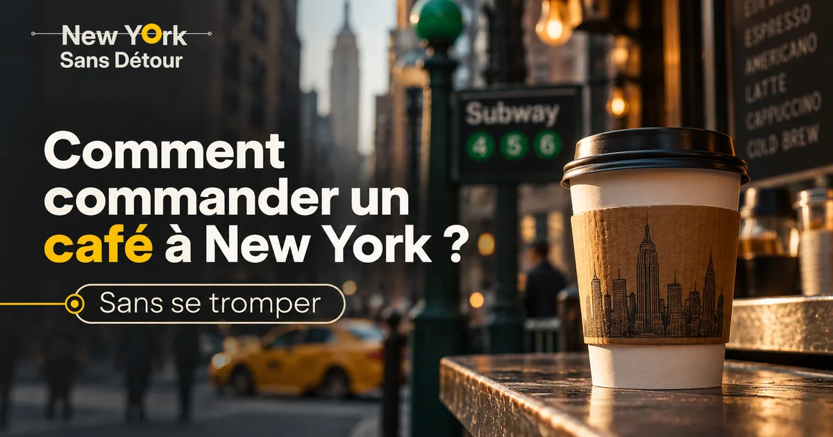 Café à emporter posé sur un comptoir new-yorkais, avec un taxi jaune et une entrée de métro en arrière-plan.