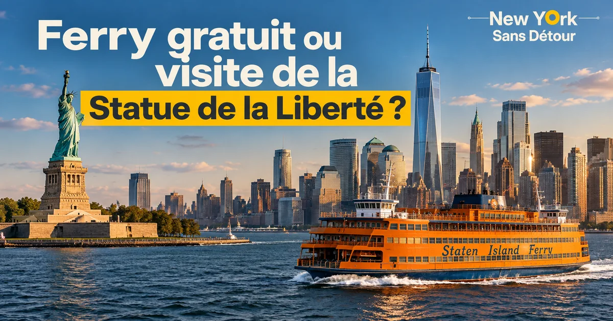 Ferry orange de Staten Island naviguant dans la baie de New York, avec la Statue de la Liberté et les gratte-ciel de Manhattan en arrière-plan.
