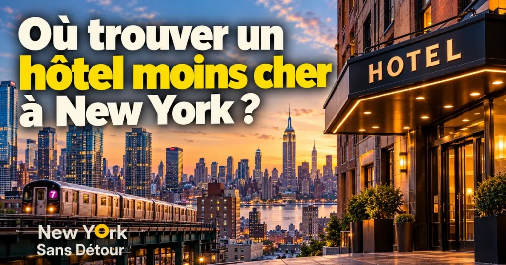 Hôtel à New York avec vue sur Manhattan au coucher du soleil et métro aérien dans le Queens.