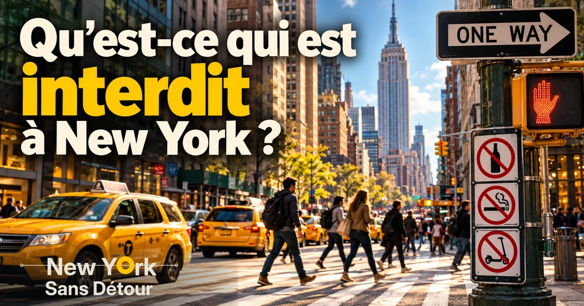 Passage piéton à Manhattan avec taxis jaunes et panneaux d'interdiction de l'alcool, du tabac et des trottinettes électriques.