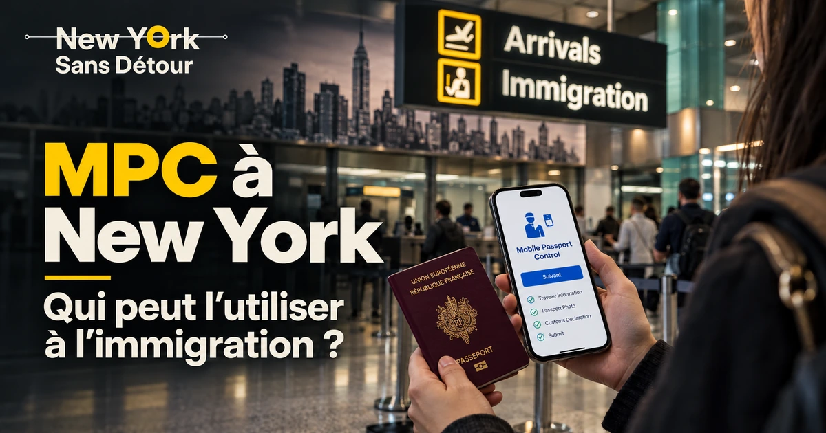 Voyageuse tenant un passeport français bordeaux et un smartphone affichant l’application Mobile Passport Control (MPC), dans la zone d’immigration d’un aéroport de New York.