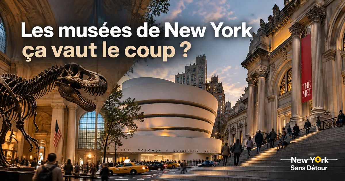 Montage présentant un squelette de dinosaure au musée d'Histoire naturelle, le Guggenheim et la façade du MET à New York.