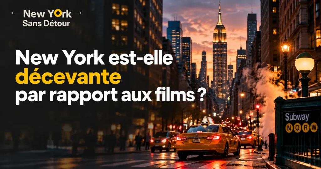 Taxi jaune dans une rue de Manhattan au crépuscule, avec des gratte-ciel illuminés, de la vapeur et une entrée de métro.