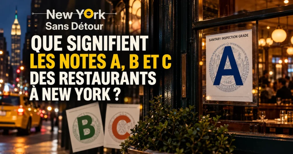Façade d'un restaurant new-yorkais au crépuscule, avec une grande note sanitaire A bleue affichée en vitrine et les lettres B et C au premier plan.