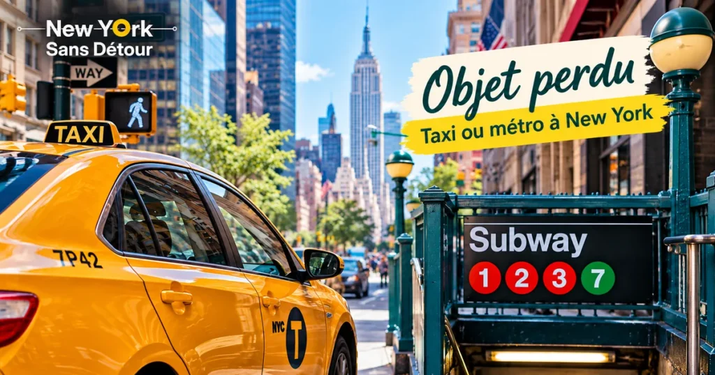 Taxi jaune new-yorkais devant une entrée de métro, illustrant les démarches pour retrouver un objet perdu à New York.