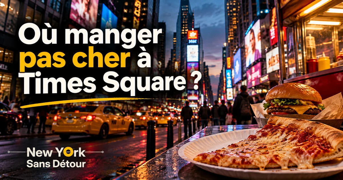 Où manger pas cher à Times Square à New York, avec des taxis jaunes, un burger et une part de pizza.