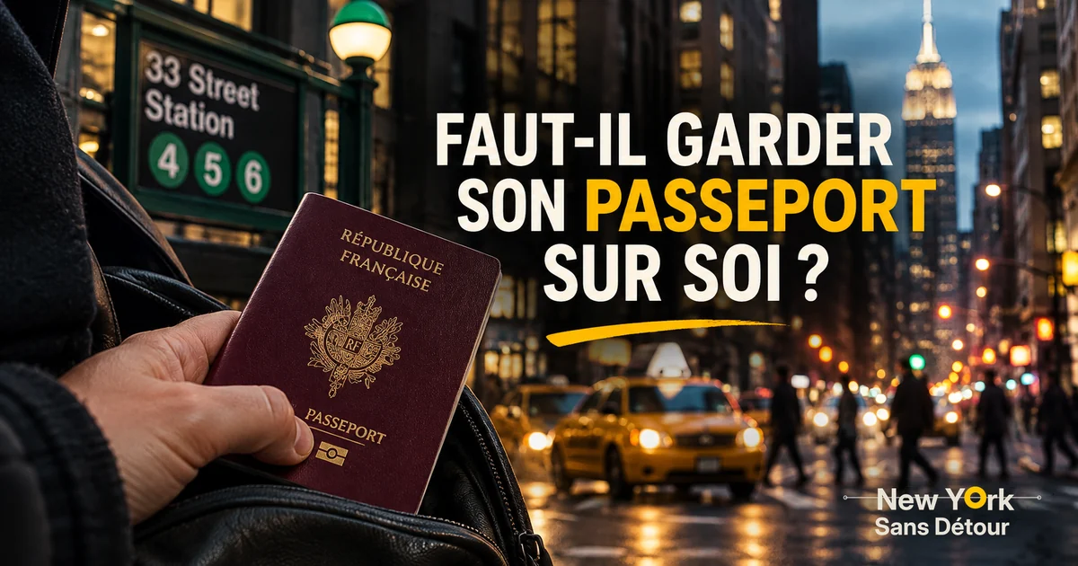 Passeport français tenu à la main dans une rue de New York, avec un taxi jaune et la question « Faut-il garder son passeport sur soi ? »