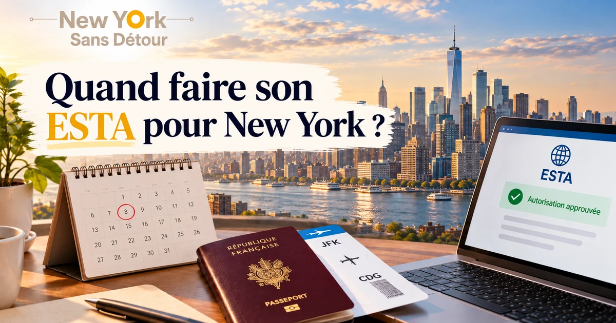 Quand faire son ESTA pour New York ? Calendrier, passeport français bordeaux, billet d'avion et autorisation ESTA approuvée devant Manhattan.