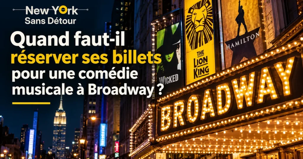 Façade illuminée d’un théâtre de Broadway à New York, avec les affiches de comédies musicales et le titre de l’article sur la réservation des billets.