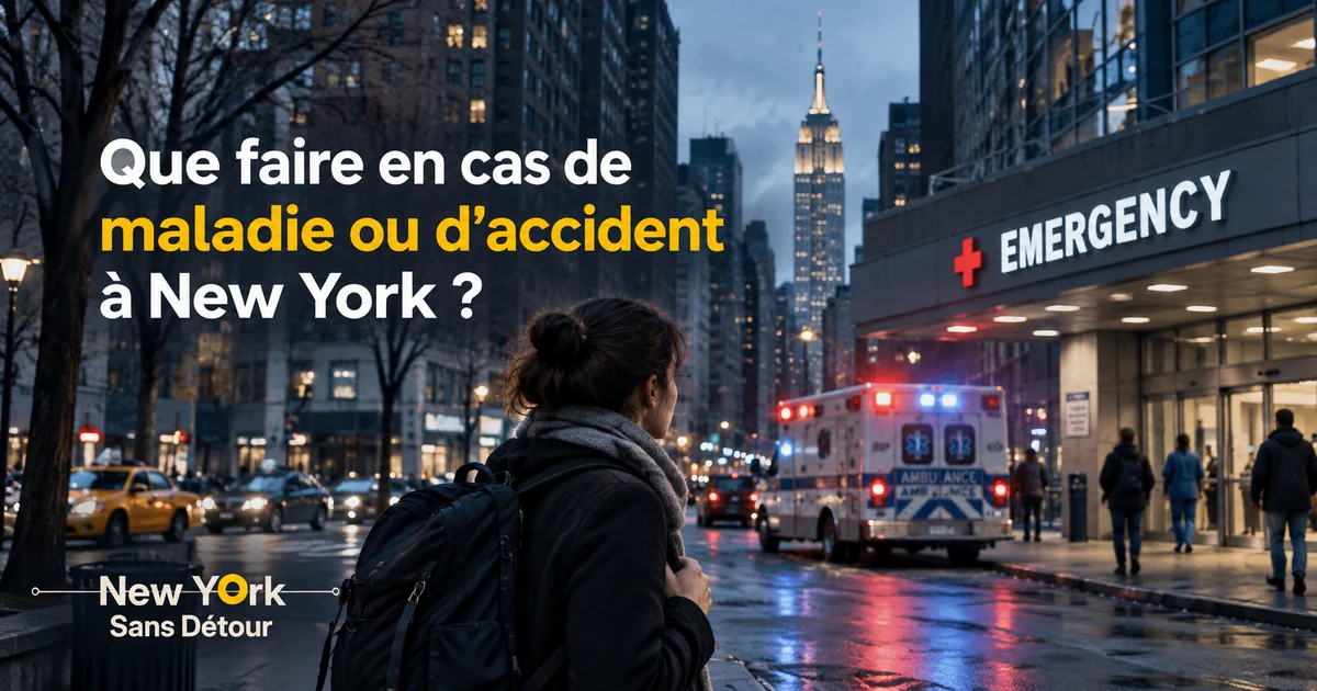 Une voyageuse avec un sac à dos face à une ambulance devant les urgences d’un hôpital à New York, au crépuscule.