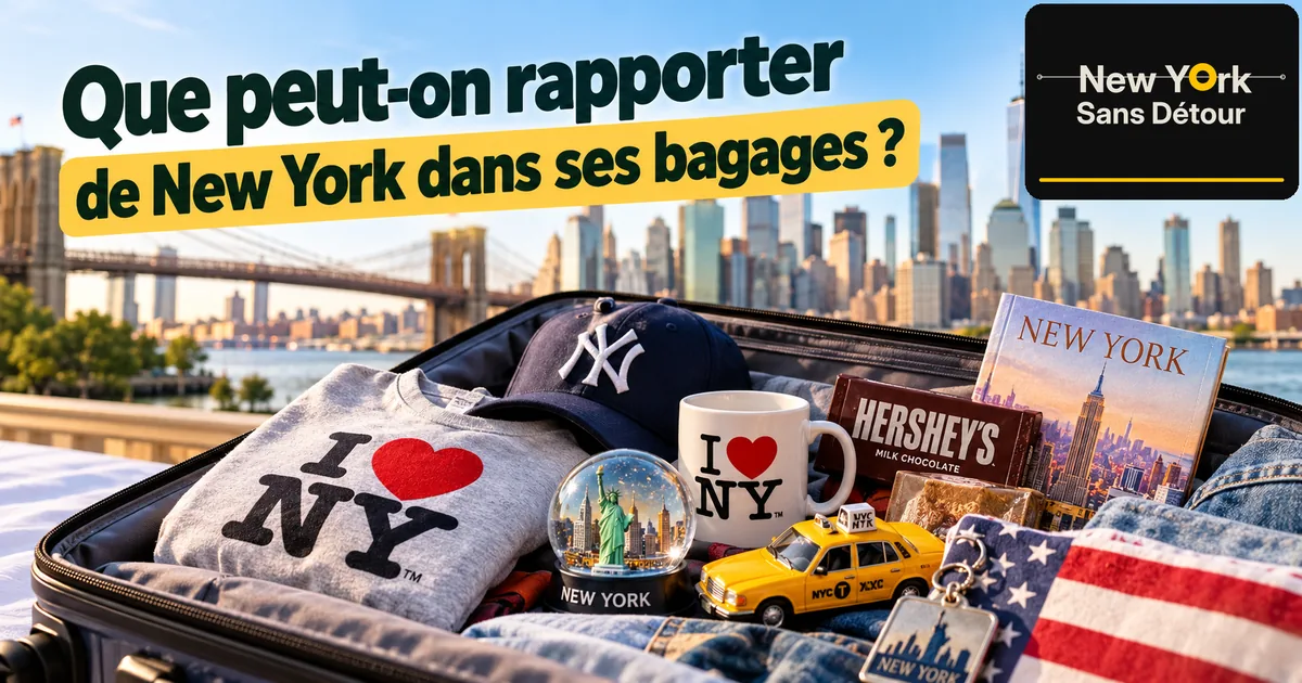 Valise ouverte remplie de souvenirs de New York, avec un sweat I Love NY, une casquette, des chocolats et un taxi jaune miniature, devant Manhattan.