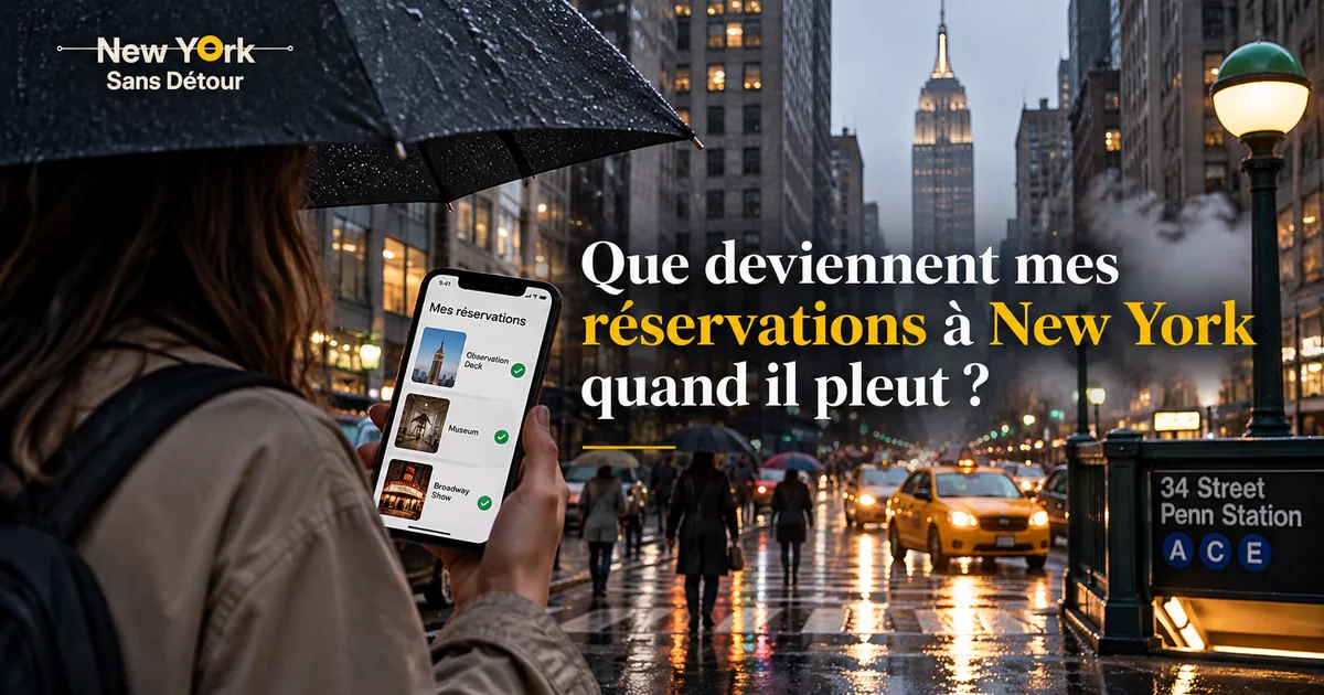 Sous la pluie à New York, une voyageuse consulte ses réservations sur son téléphone, avec l'Empire State Building et des taxis jaunes en arrière-plan.