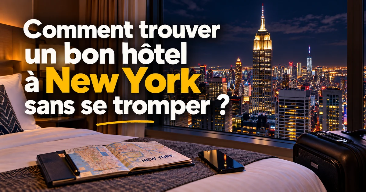 Chambre d’hôtel éclairée avec vue sur la skyline de New York de nuit et l’Empire State Building illuminé.