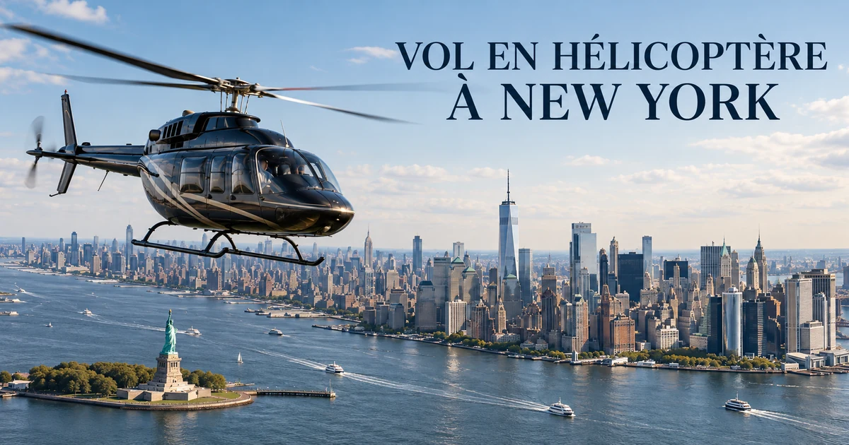 Hélicoptère survolant la baie de New York, avec la Statue de la Liberté et les gratte-ciel de Manhattan en arrière-plan.